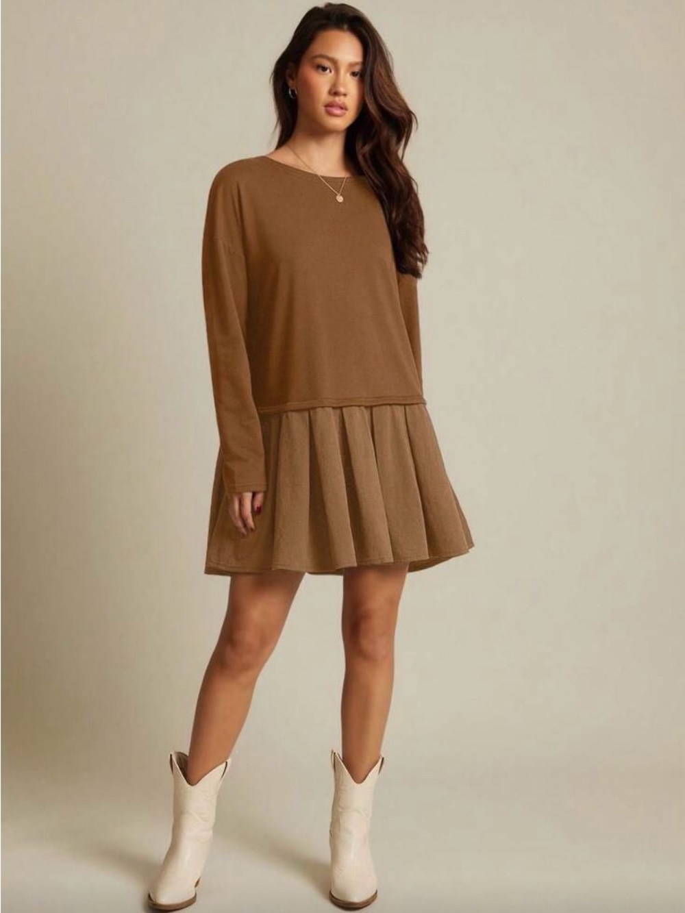 SHEIN Brown Long Sleeve Pleated Mini Dress